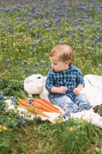 Photo of boy with bunny in flowers