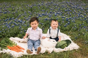 Photo of boys with bunny in flowers