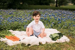 Photo of boy with bunny in flowers